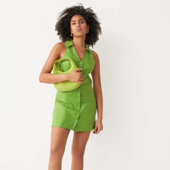 NWT & OTHER STORIES Buttoned Linen Mini Dress in Green 44 - Picture 1 of 10